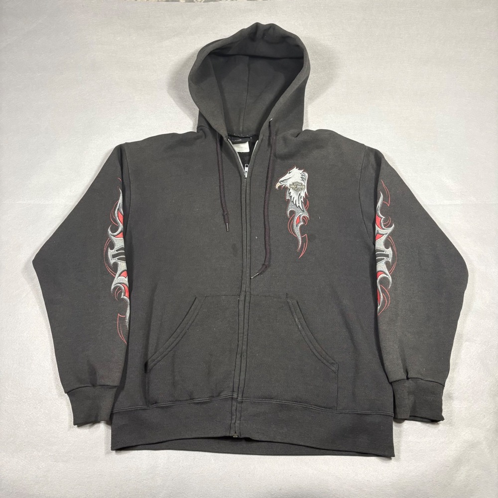 Vintage Harley Davidson Zip Hoodie Black Eagle Flame Mens L Biker Faded